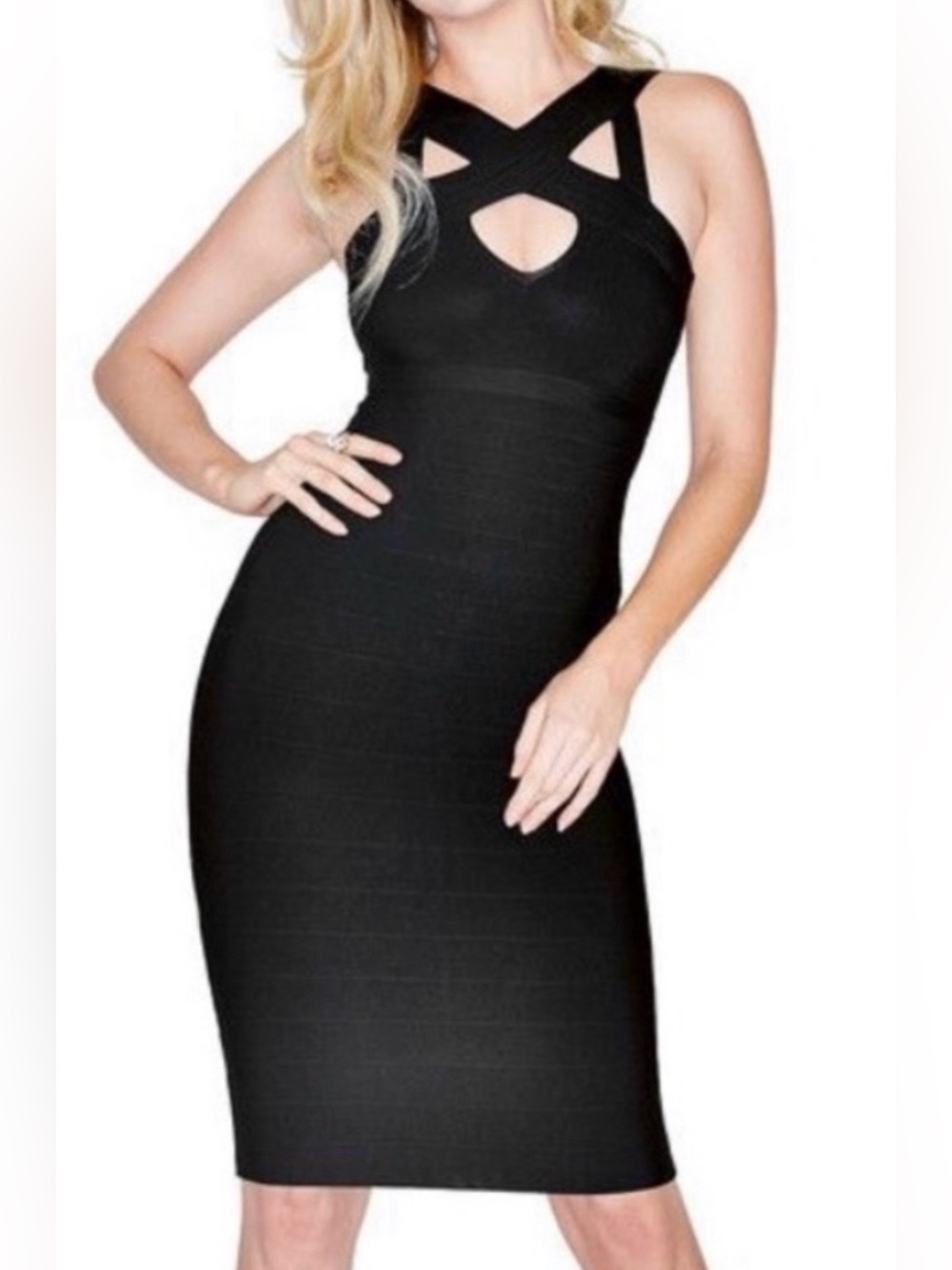 MARCIANO Matteo Bandage Dress Black Crisscross Bodycon Midi XS